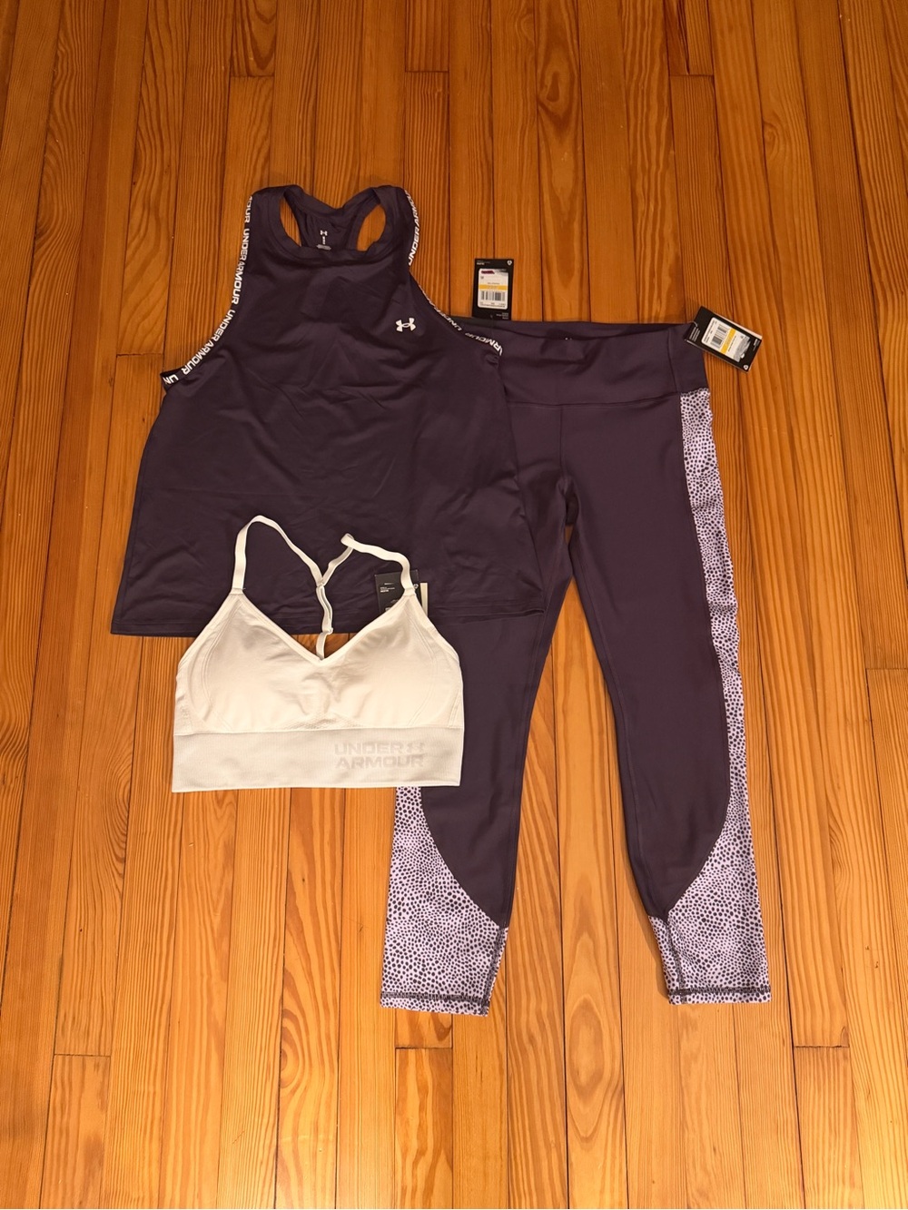 Under Armour Purple Racerback Tank, Pattern-Trim Leggings & White Sports Bra